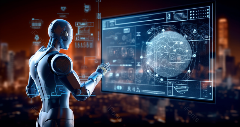 人类AI机器在全息图屏幕上观察显示信息,高清,摄影图,摄影图片,图片大全,摄影图免费下载